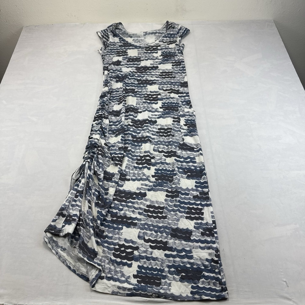Horny Toad Womens XS Blue White Abstract Print Ruched Maxi Dress Cotton Modal